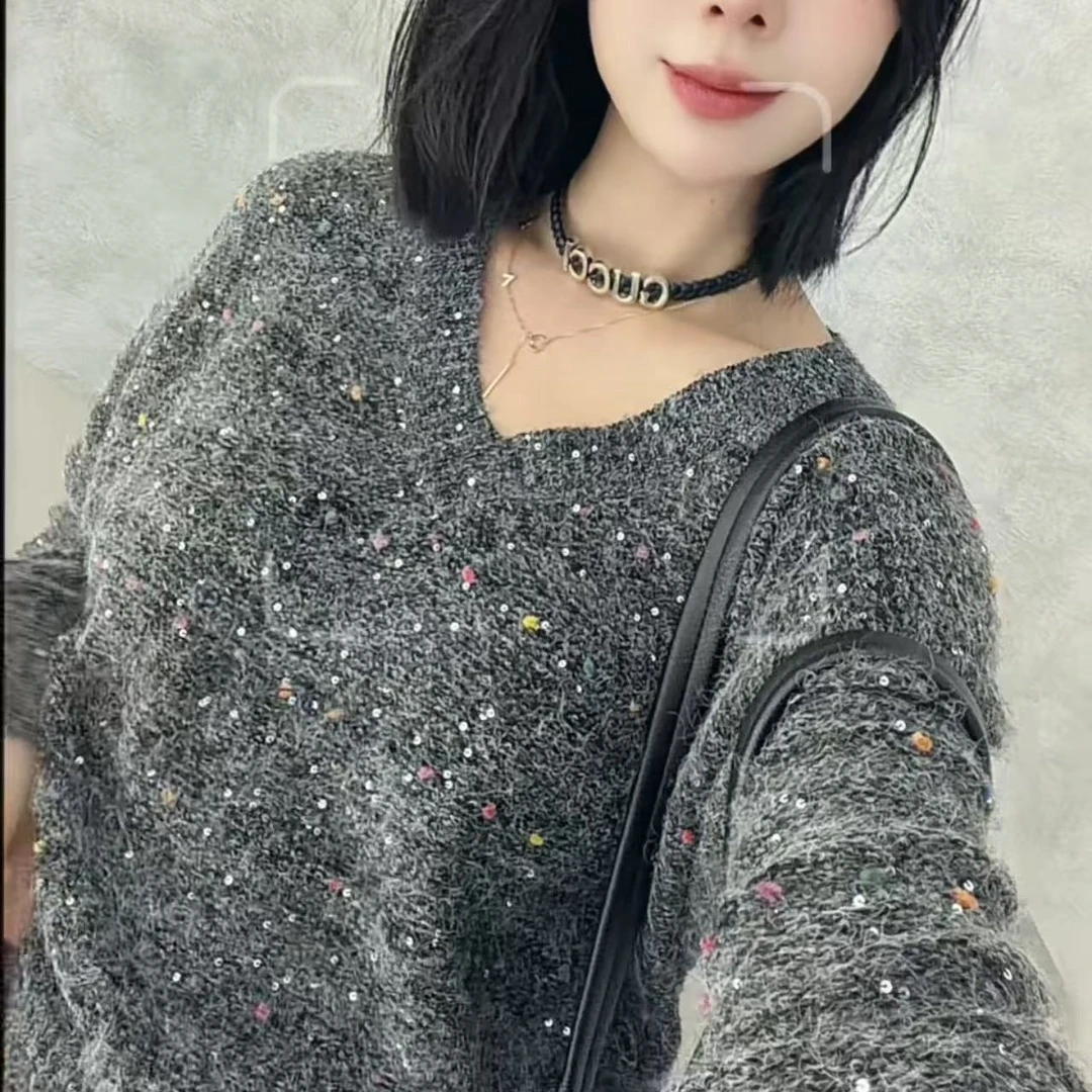 6311毛针织衫水洗针织套头V领慵懒风宽松厚款拼色