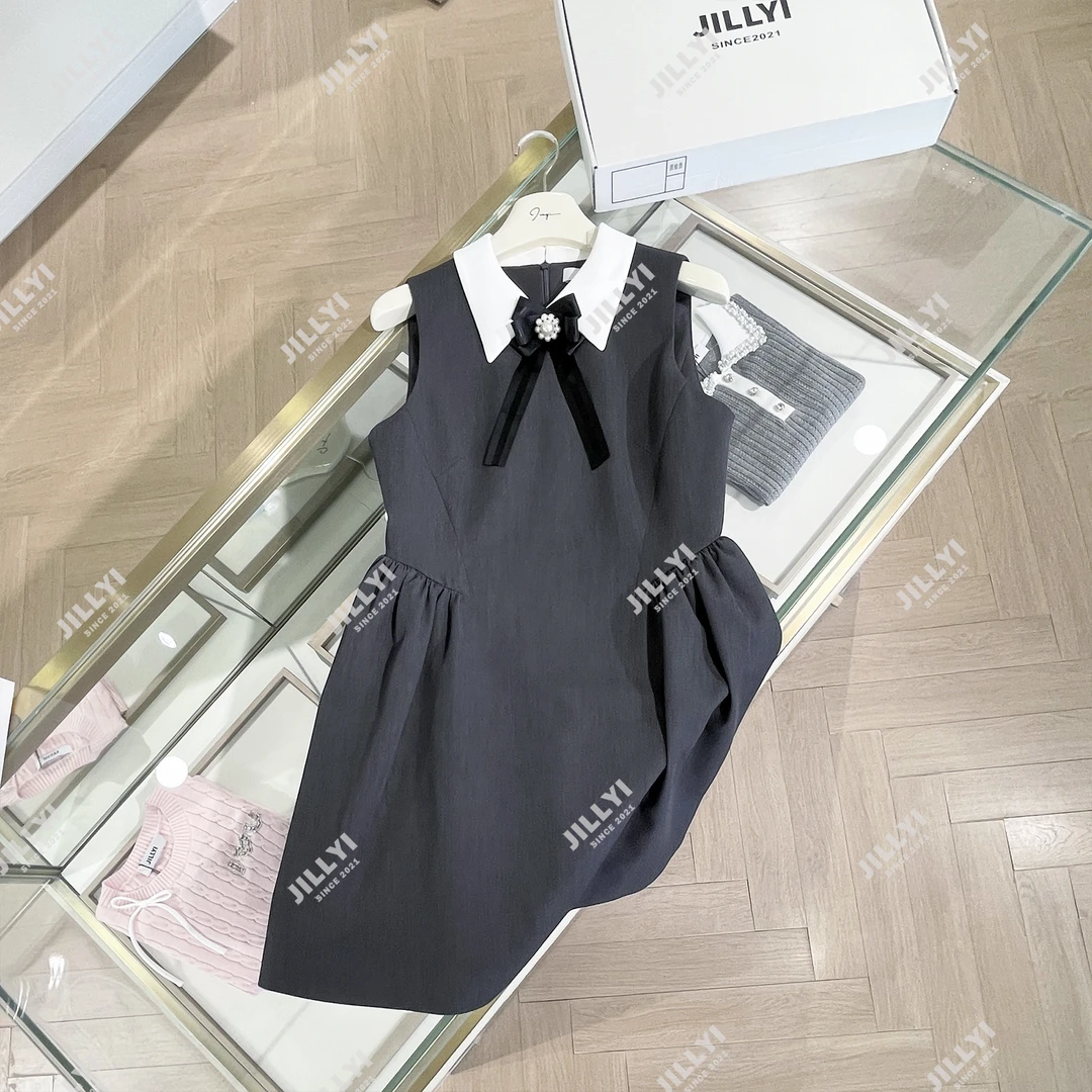 JILLYI珠海店【芙拉小姐】灰白拼色领口蝴蝶结装饰时尚少女风气质连