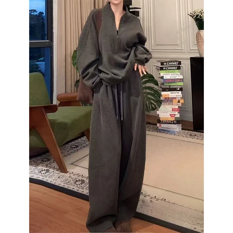慵懒风半拉链卫衣外套弯刀裤套装女秋冬宽松显瘦阔腿裤休闲长裤子