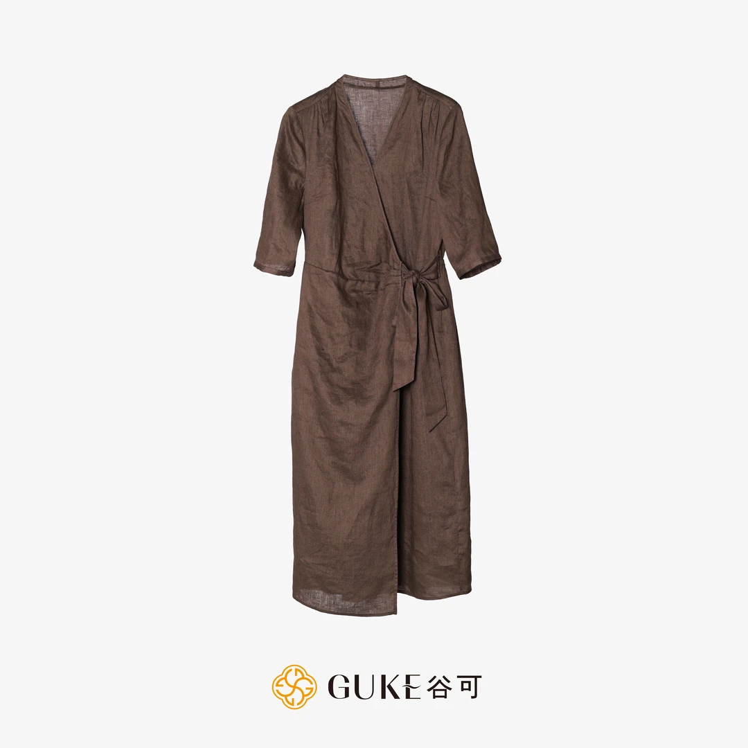 GKE/谷可LQ1087 100%亚麻休闲系带连衣裙夏季中式修身显瘦V领长裙