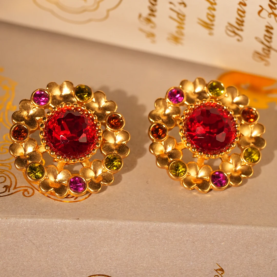 铜合金耳饰 【9034】耳钉 金色圆形大红钻宫廷风