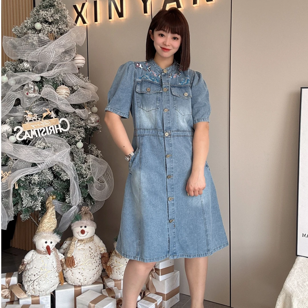 【鑫焱甄选】春季新款大码女装牛仔连衣裙刺绣设计百搭不挑年龄
