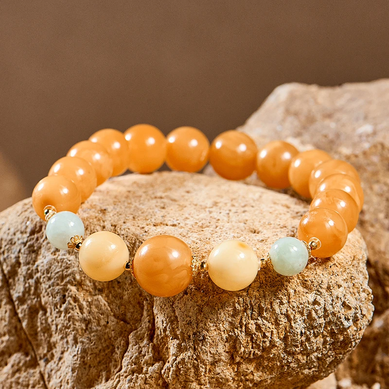 至作原创设计正品鸡油黄蜜蜡琥珀手串中式节日高档送礼翡翠手链