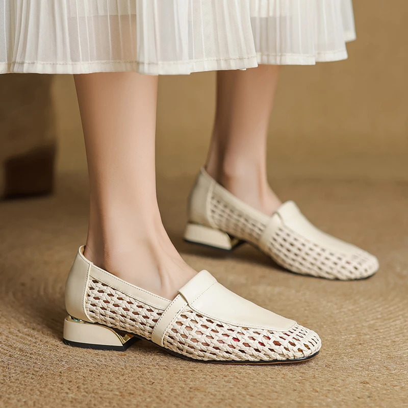 牛皮3公分/真皮拼接方头休闲单鞋夏季百搭镂空编织粗跟复古女鞋