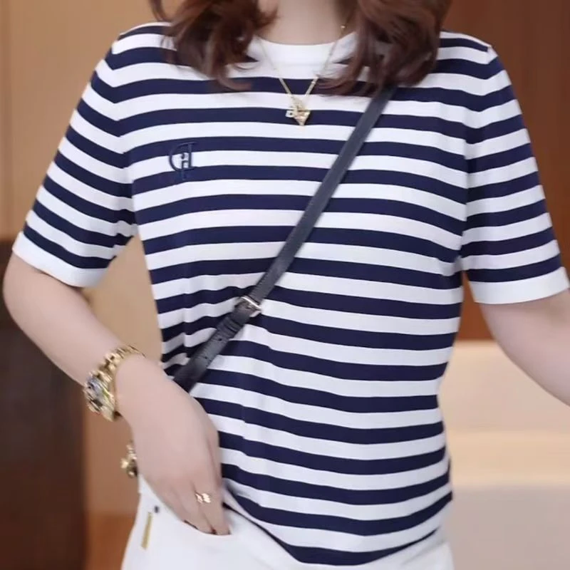 清仓捡漏~外贸尾单大牌2025短袖恤夏季新款条纹圆领上衣休闲时尚