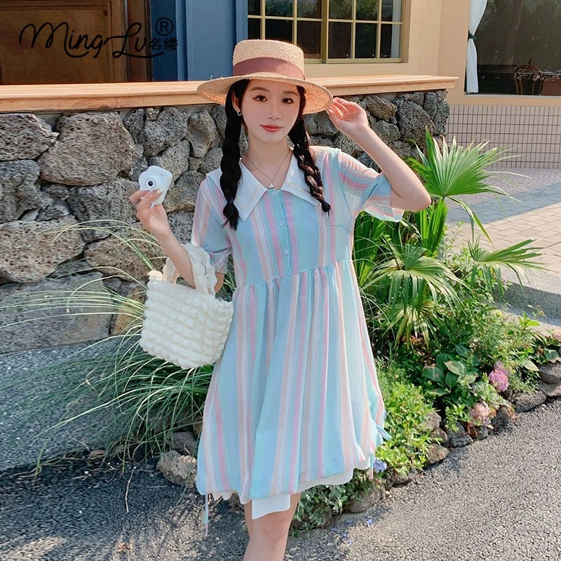 娃娃领条纹连衣裙女夏遮肚子减龄显瘦活泼法式茶歇小个子a字裙子