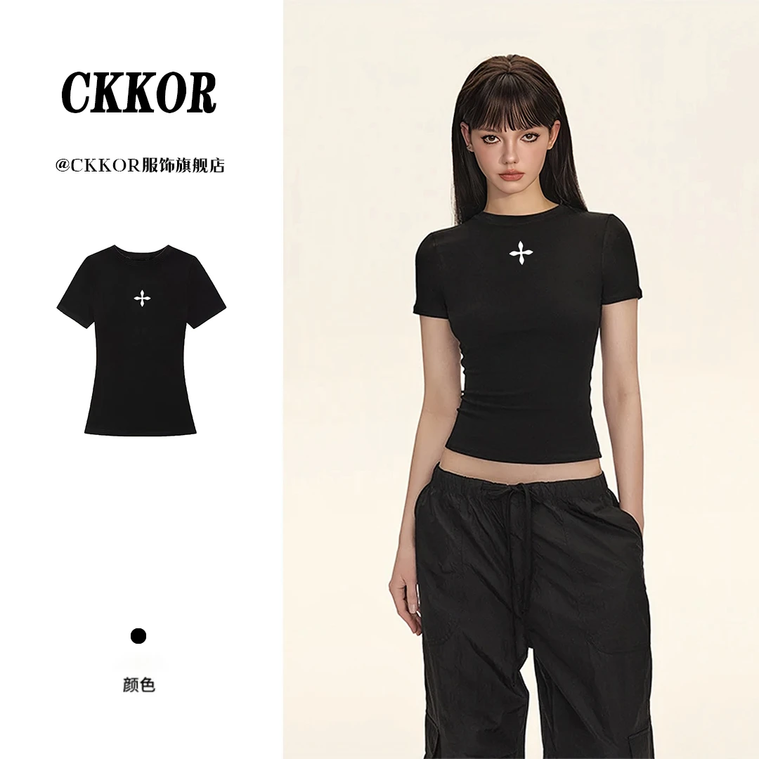 CKKOR时尚正肩紧身短袖t恤女圆领夏季新款辣妹风穿搭ins欧美上衣