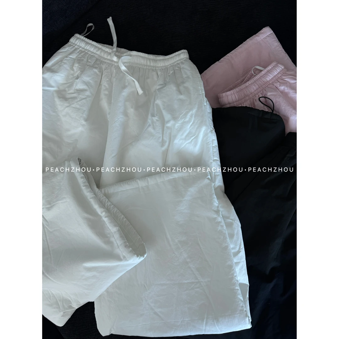『PEACHZHOU』简约纯色夹棉宽松直筒休闲裤百搭松紧腰保暖阔腿棉裤