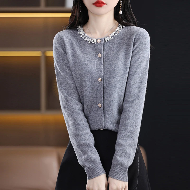 哥弟阿玛施正品秋冬手工镶钻100%纯羊毛衫女气质优雅减龄百搭开衫