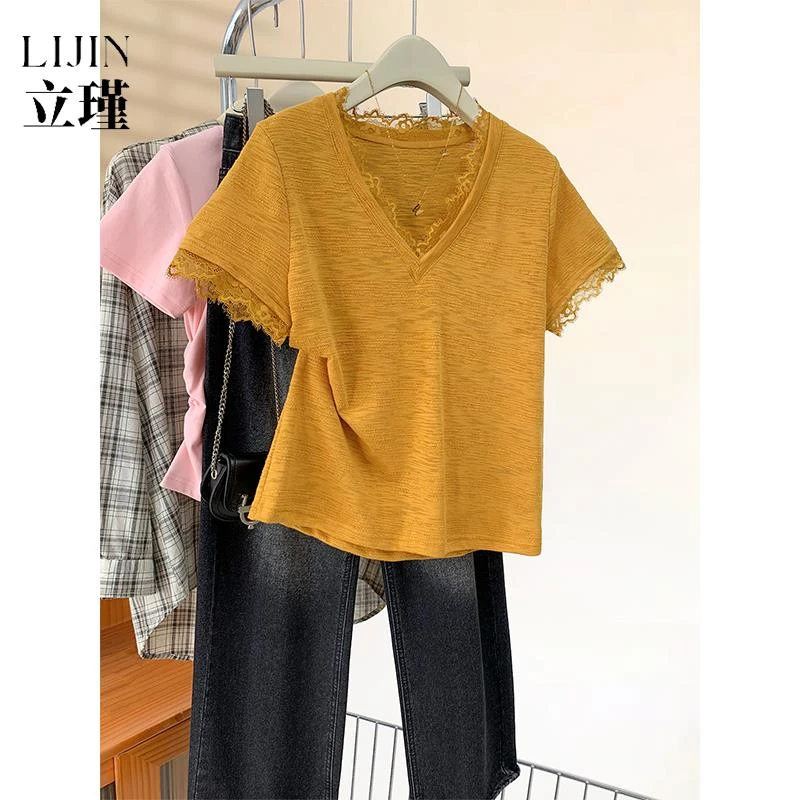 气质v领蕾丝拼接正肩短袖T恤女夏季2025新款设计修身蕾丝打底衫