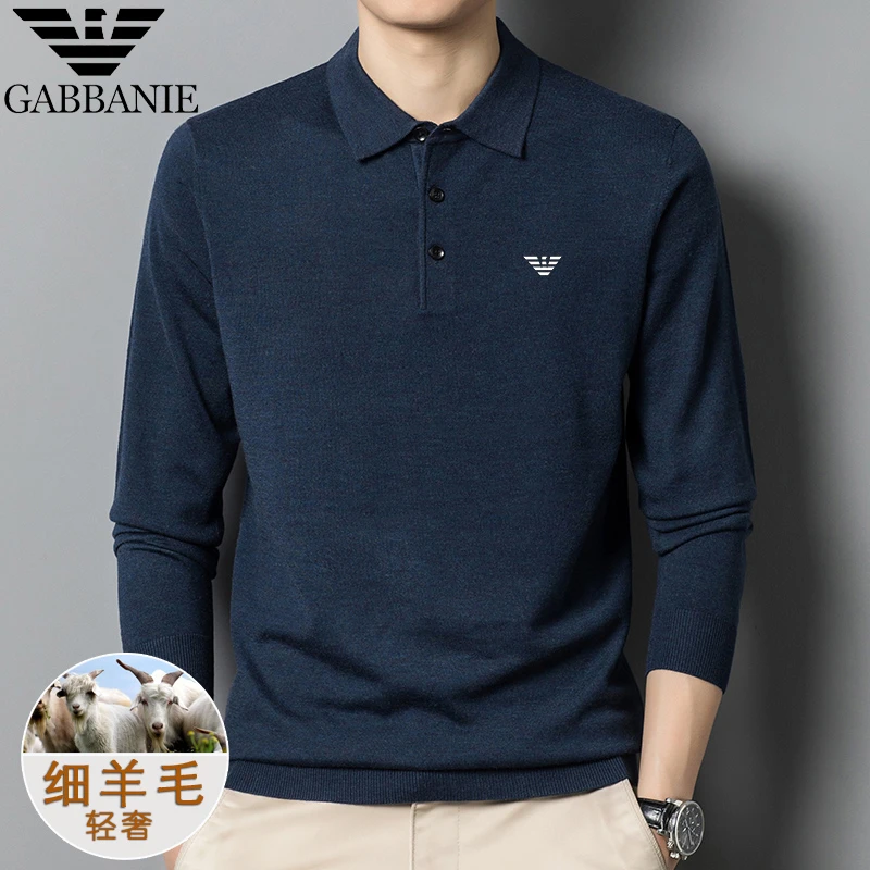 GABBANIE男士羊毛针织翻领polo衫商务休闲纯色高档刺绣上衣