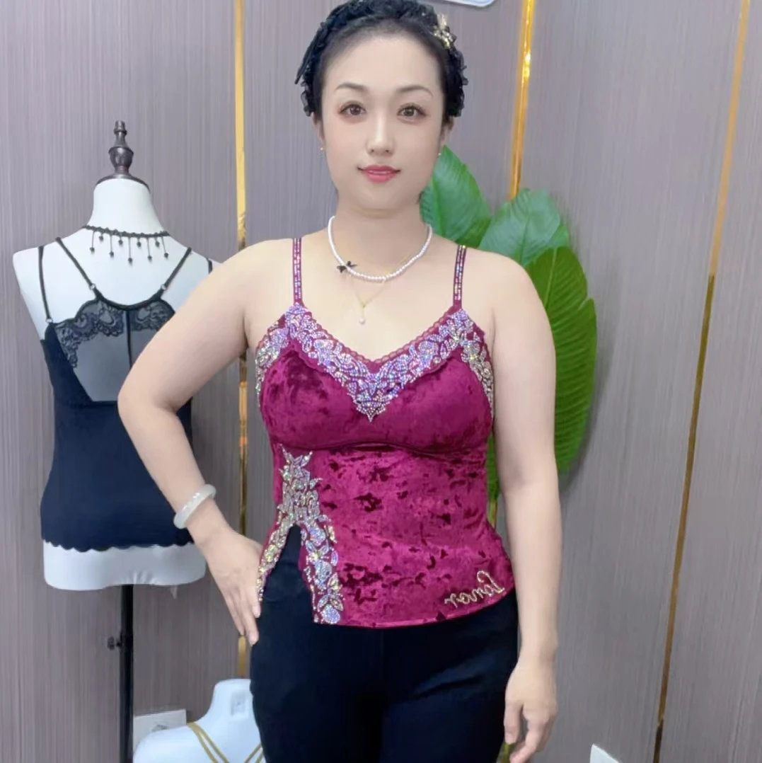 8131贵妇亮钻丝绒内搭吊带背心固定杯无钢圈网红时尚百搭美背打底