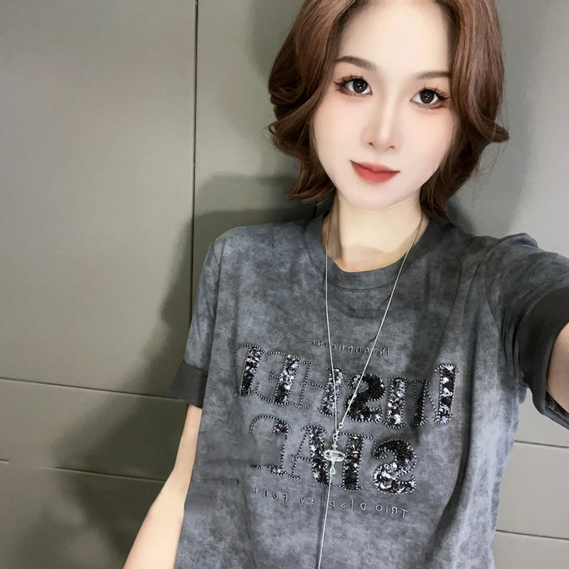 小个子扎染钉珠打底短袖T恤女夏季2025新款欧货圆领修身半袖上衣