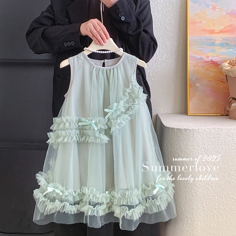 2025夏”琉森慢歌”女童无袖蝴蝶结网纱连衣裙T25167