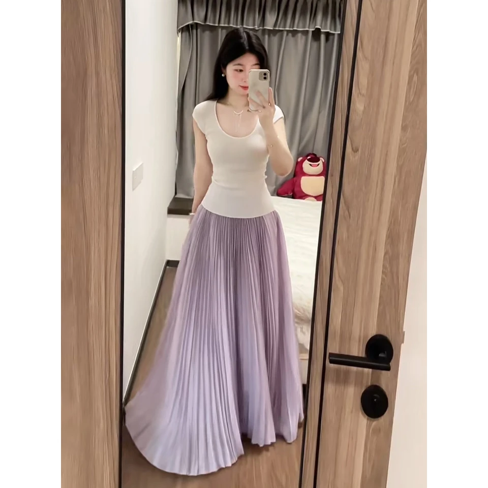 夏季温柔风套装裙女方领针织T恤上衣+高腰百褶半身裙显瘦两件套装