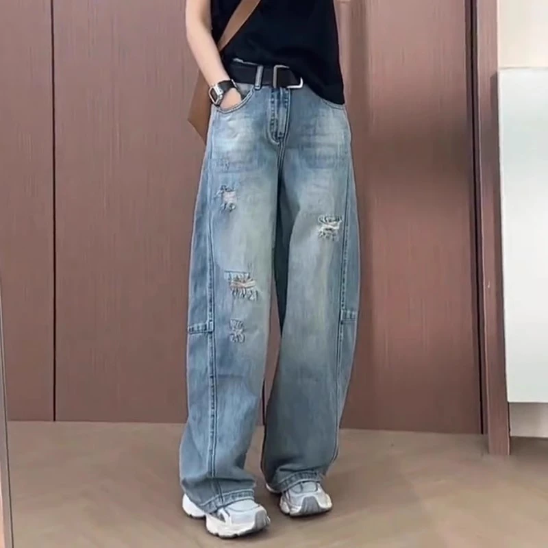 破洞遮胯阔腿牛仔裤女秋季大码胖mm梨型身材高腰显瘦宽松香蕉裤