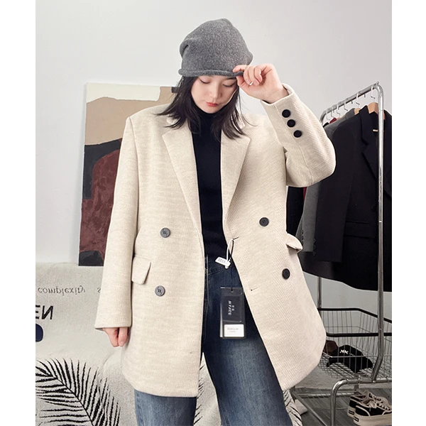 2024年秋冬季宽松休闲西装毛呢外套女廓形加棉小西服