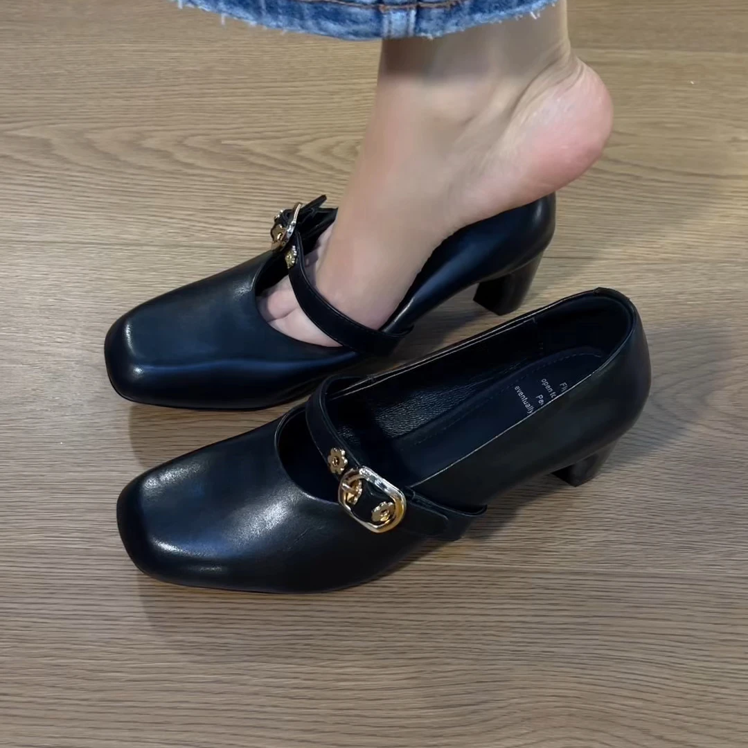 2025新款通勤方头中跟5cm牛皮百搭气质单鞋粗跟一字带包头单鞋女