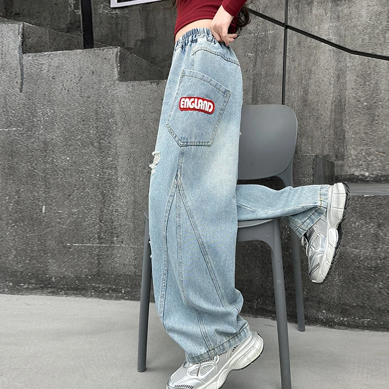 女童春季牛仔裤2025新款洋气时尚贴标裤子6-12岁中大童春款裤子潮