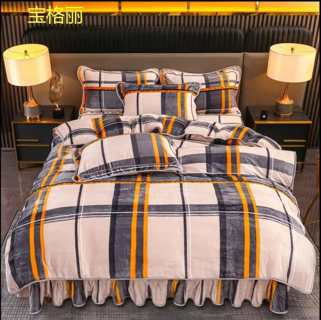 四件套简约格子加厚双面牛奶绒高克重保暖加绒床裙四件套轻奢家用