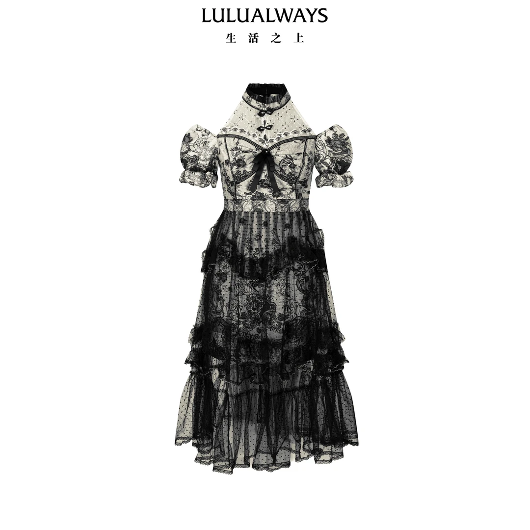 【华服·黑白系列】LULUALWAYS【商场同款】25夏季新款层叠挂脖连衣裙