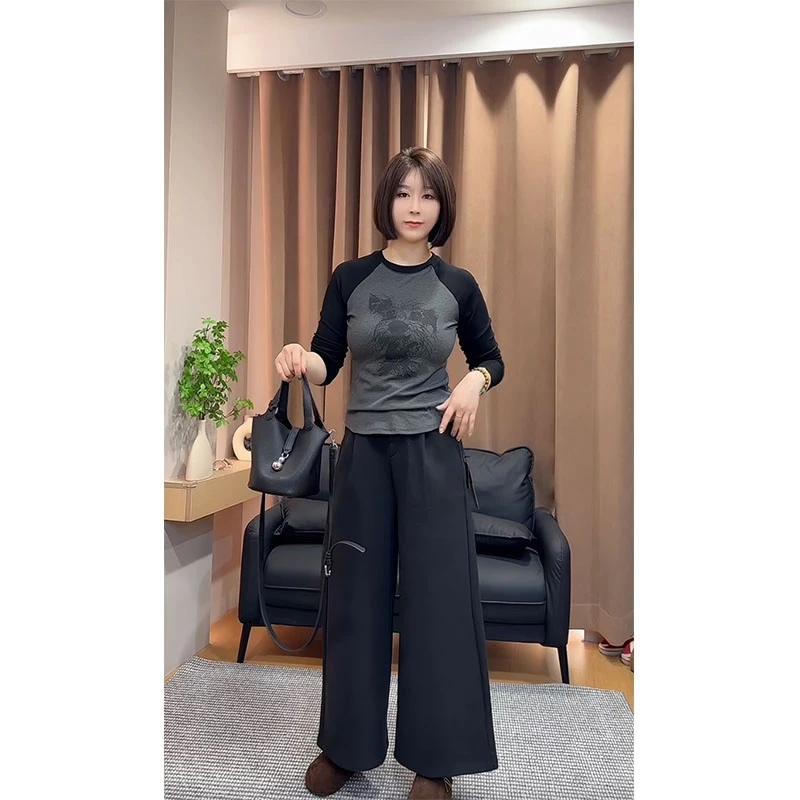 欧货2025秋冬新款时尚洋气插肩撞色圆领长袖t袖不规则显瘦打底衫