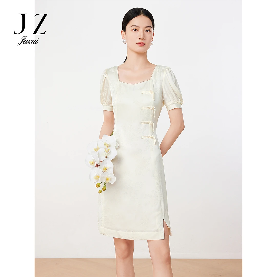 【丽公主专属】JZ玖姿JTDX50149洋气法式优雅风方领盘扣收腰丝缎提