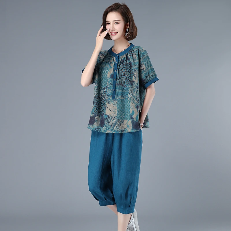 印花棉衬衫亚麻五分裤一整套妈妈装夏季薄款2025年新款时尚两件套