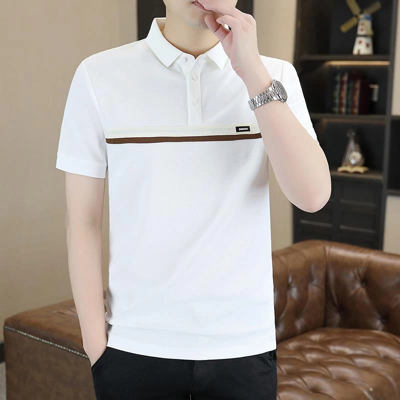 米诺狄冰丝潮流翻领短袖T恤男士夏季薄款时尚撞色珠地棉半袖上衣