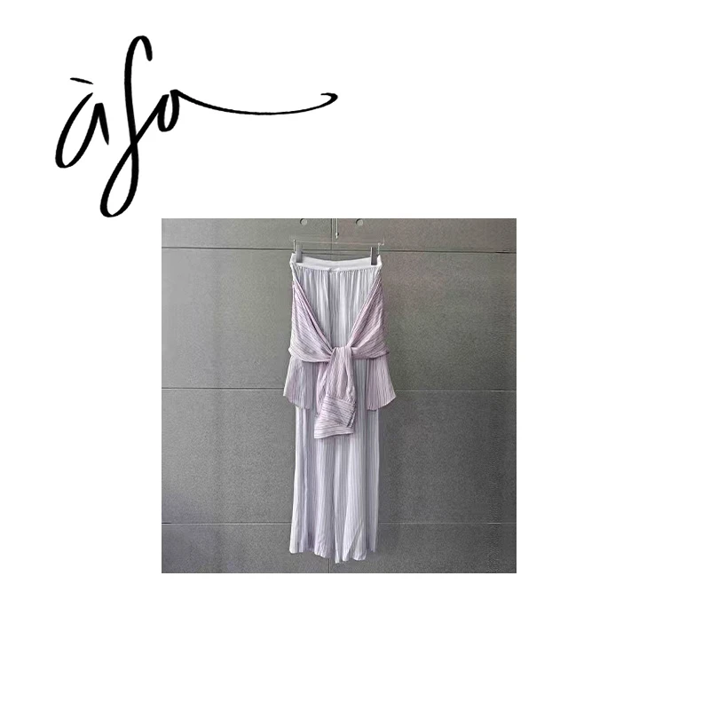 ASA-【假两件条纹衬衫打结拼接长裤+条纹衬衫】