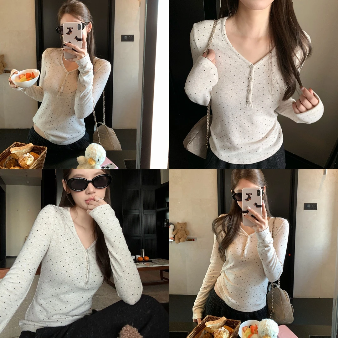 牛乳啵啵~25秋冬韩代款显瘦内搭上衣云朵绒感正肩V领针织打底衫