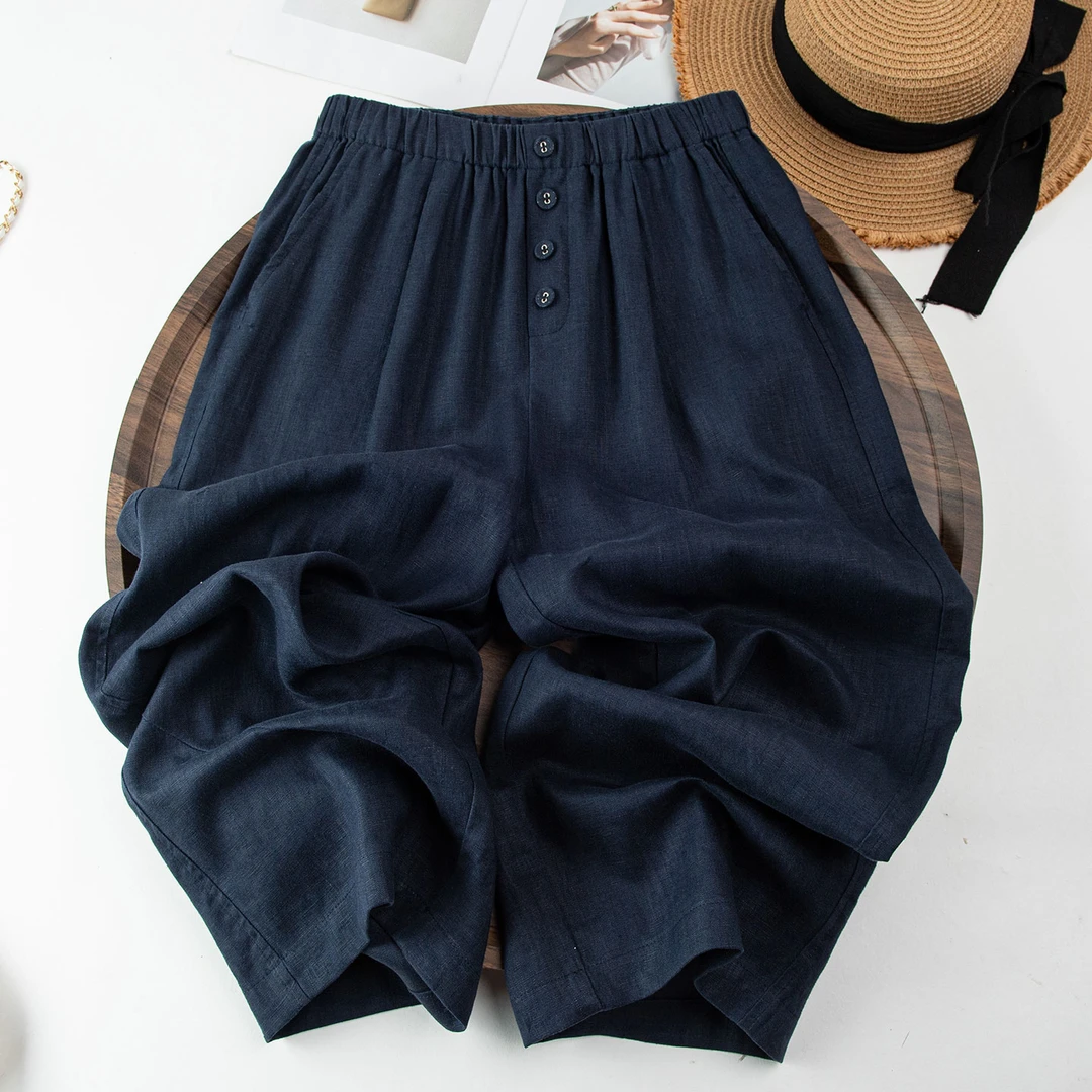 亚麻阔腿裤女夏季薄款新款八分垂感山本裤百搭宽松休闲直筒裤5817