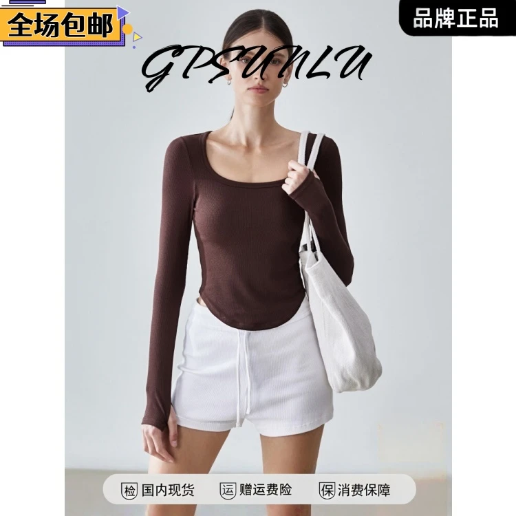 gpsunlu带胸垫长袖上衣U领显瘦内搭外穿打底文胸一体修身瑜伽T恤