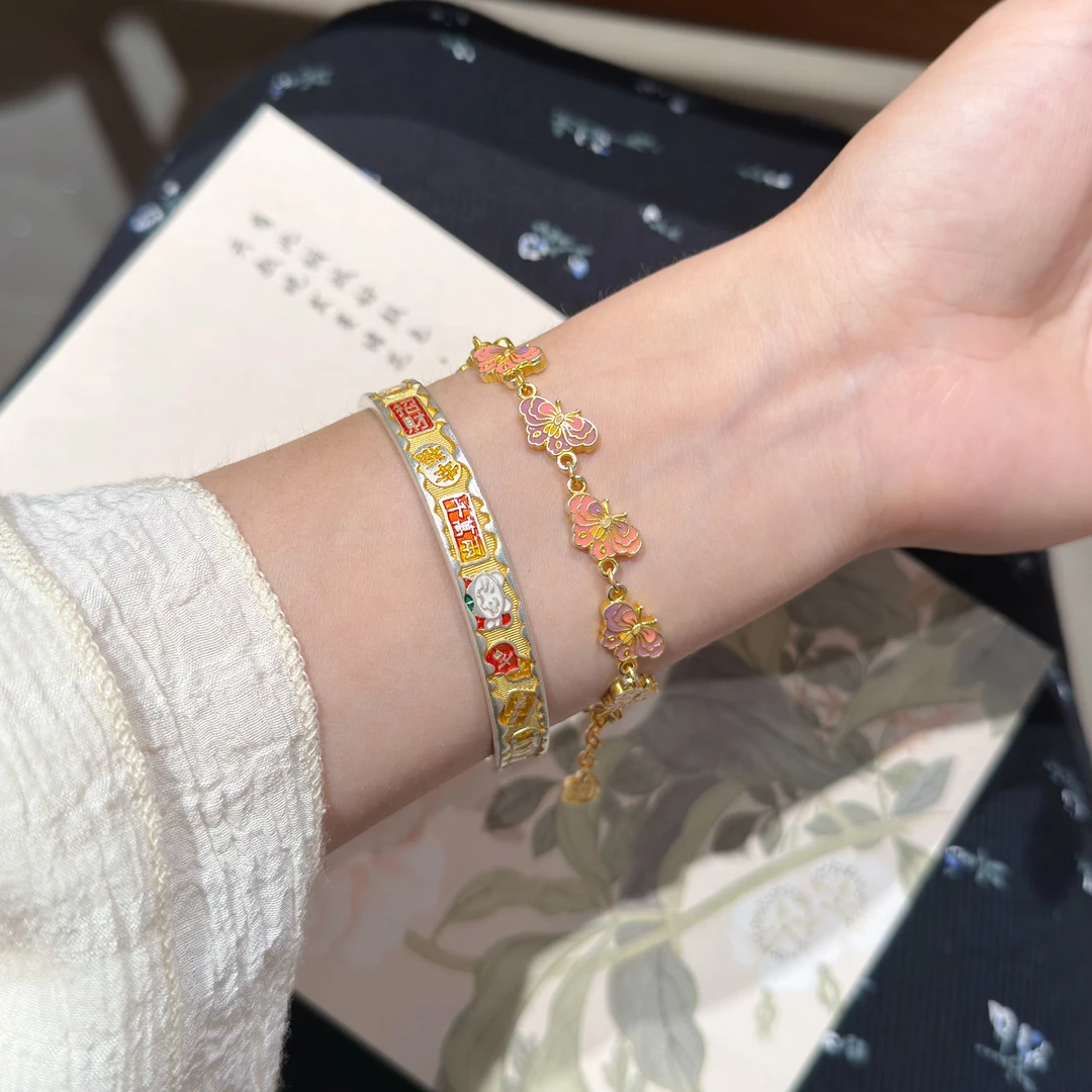 足银手镯 【暴富】描金珐琅彩实心开口不掉色招财猫手镯时尚手链