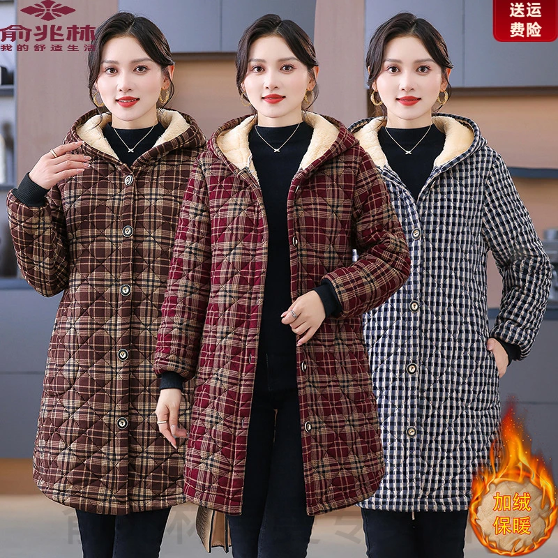 中老年女中长款棉服保暖连帽棉袄妈妈装冬季加绒加厚格子外套棉衣