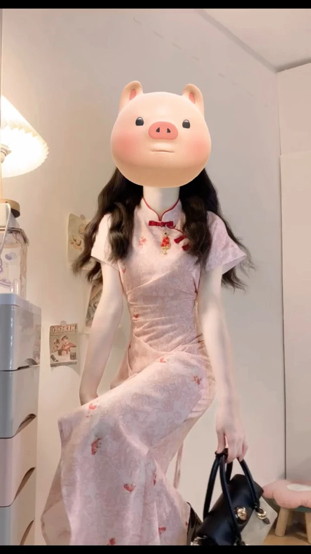 新中式国风旗袍长裙女2025夏季设计感褶皱遮肚收腰开叉盘扣连衣裙