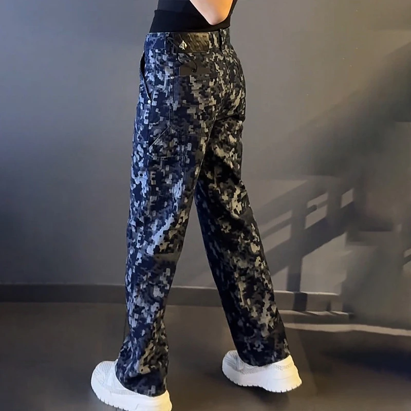 轻奢男装大码潮牌男士时尚迷彩蓝牛仔裤宽松休闲裤百搭新款设计感