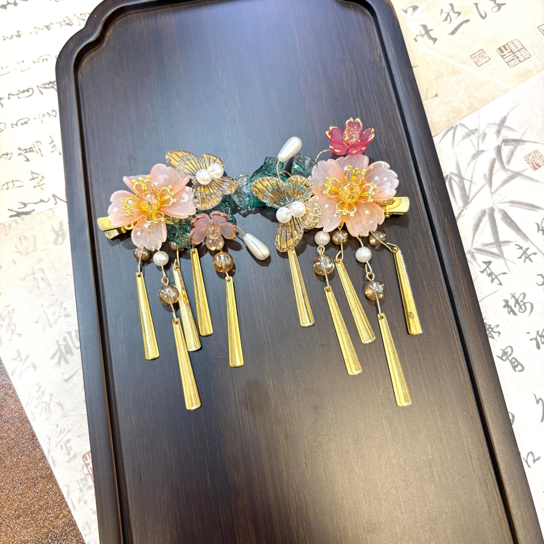 【云鬓花颜阁琉璃发夹】金缕蝶花对夹爆款新中式汉服古风发饰A23