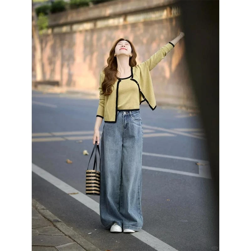 2025春秋韩式新款慵懒风背心开衫叠穿休闲牛仔裤套装女显瘦三件套
