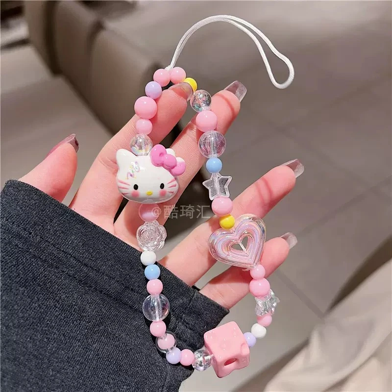 卡通串珠粉色kt猫手机链c相机挂链少女心防丢绳装饰女款手工通用