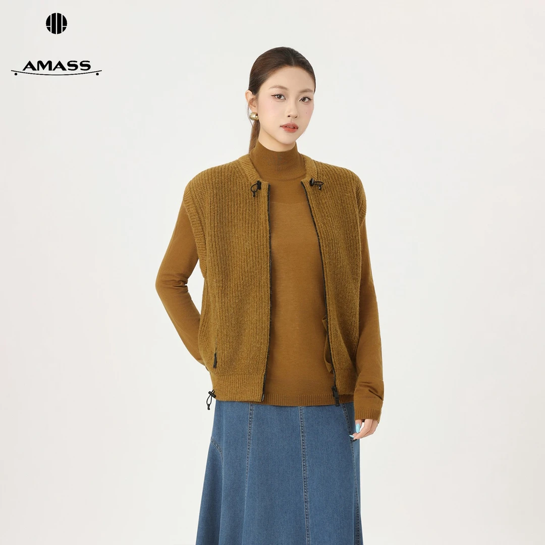 AMASS/阿玛施秋冬老钱风松弛感时尚百搭抽绳拉链针织马甲女548051