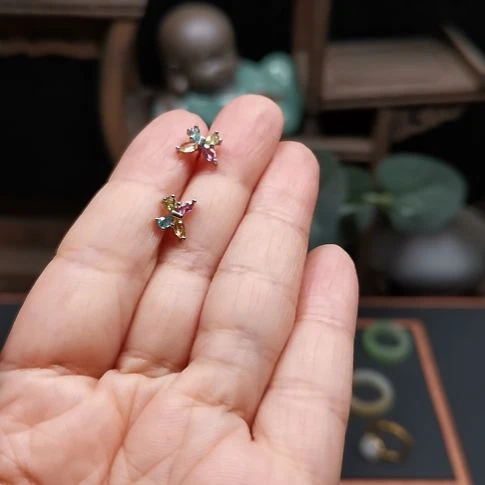 碧玺猫眼耳饰银S925镶嵌