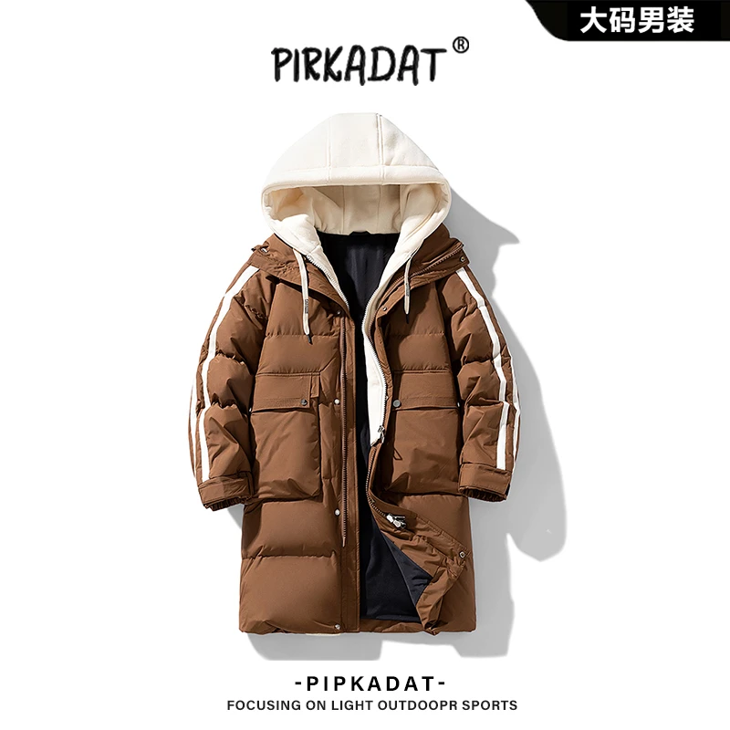 Pirkadat中长款连帽情侣羽绒服男2025冬季休闲加厚保暖白鸭绒外套