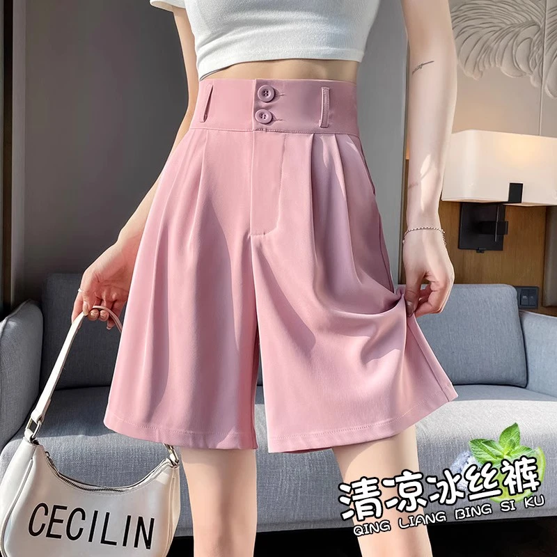 夏季休闲五分裤女直筒大码宽松薄款高腰显瘦外穿松紧西装阔腿短裤
