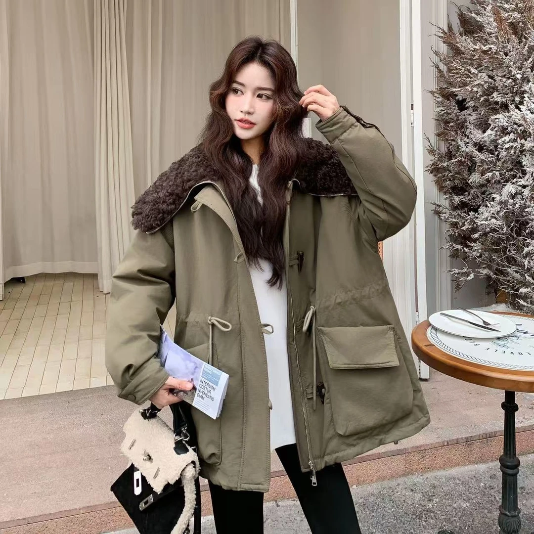 88398欧洲站宽松百搭高级感慵懒风大毛领加厚派克服外套