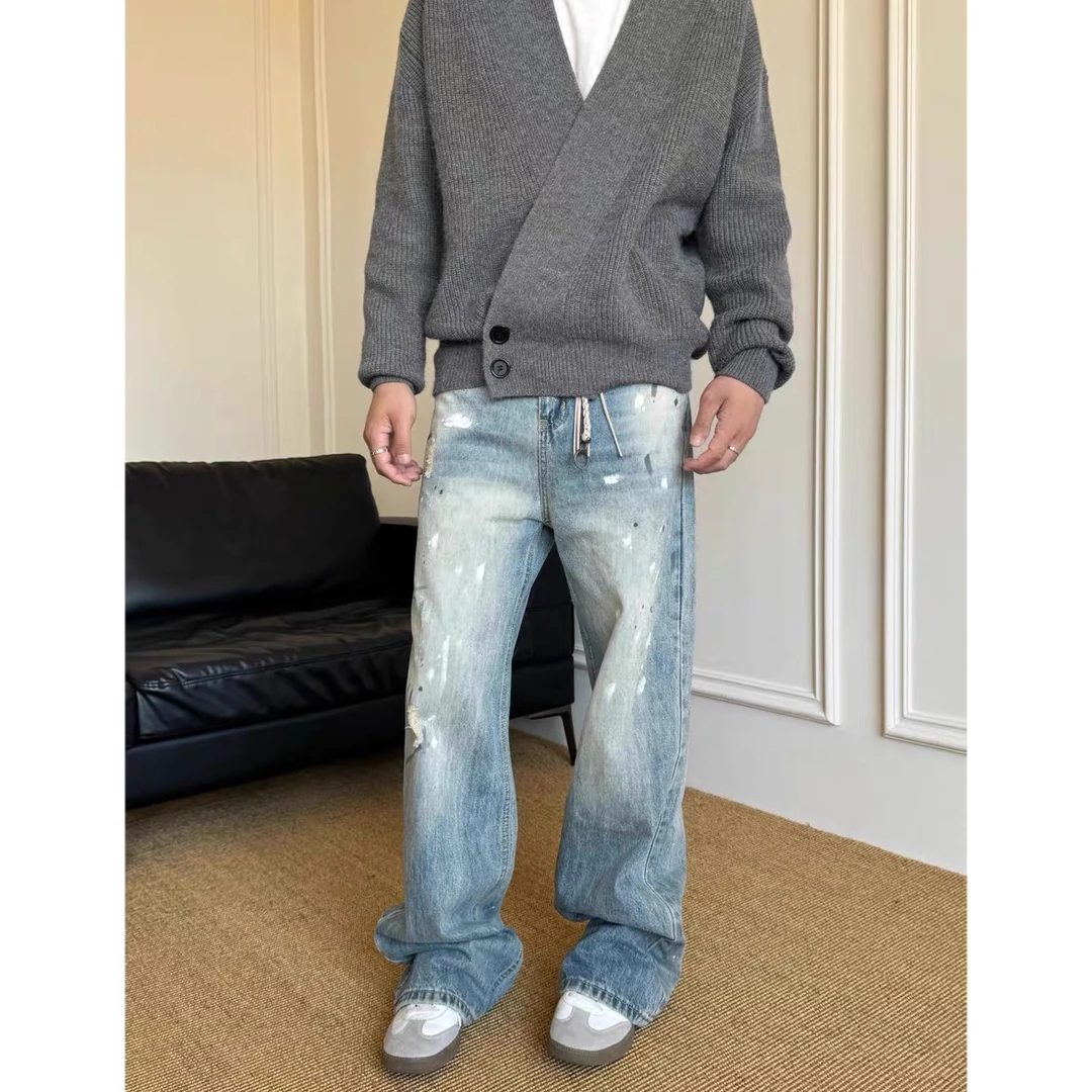 美式复古高街vibe做旧泼墨牛仔裤潮宽松直筒百搭设计感裤子