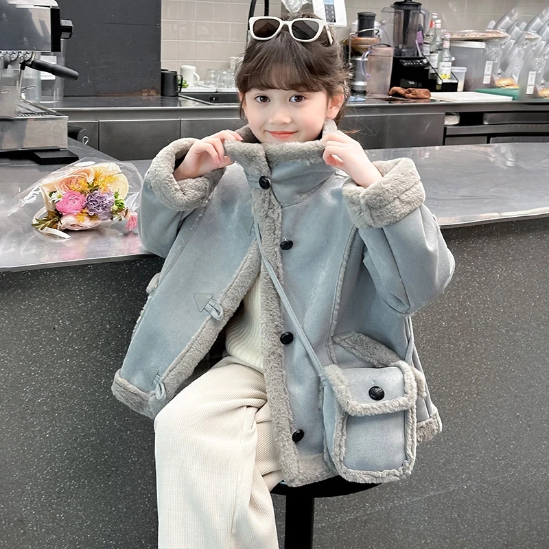 女童加绒皮毛一体外套秋冬装2024新款中大童洋气爆款女孩加厚上衣