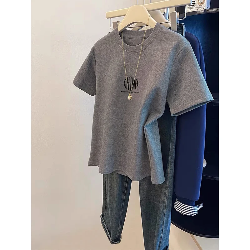 2025夏季小众设计感正肩纯棉短袖t恤女士时尚百搭洋气高级灰上衣
