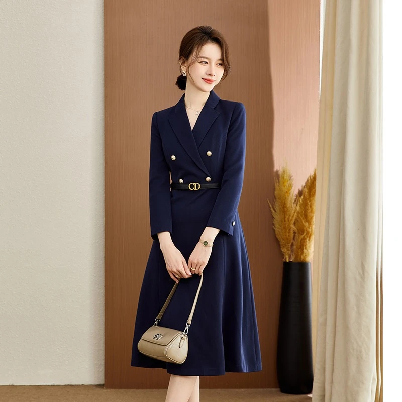 藏青色女装西装职业连衣裙女2025年秋冬款女神范修身显瘦通勤正装