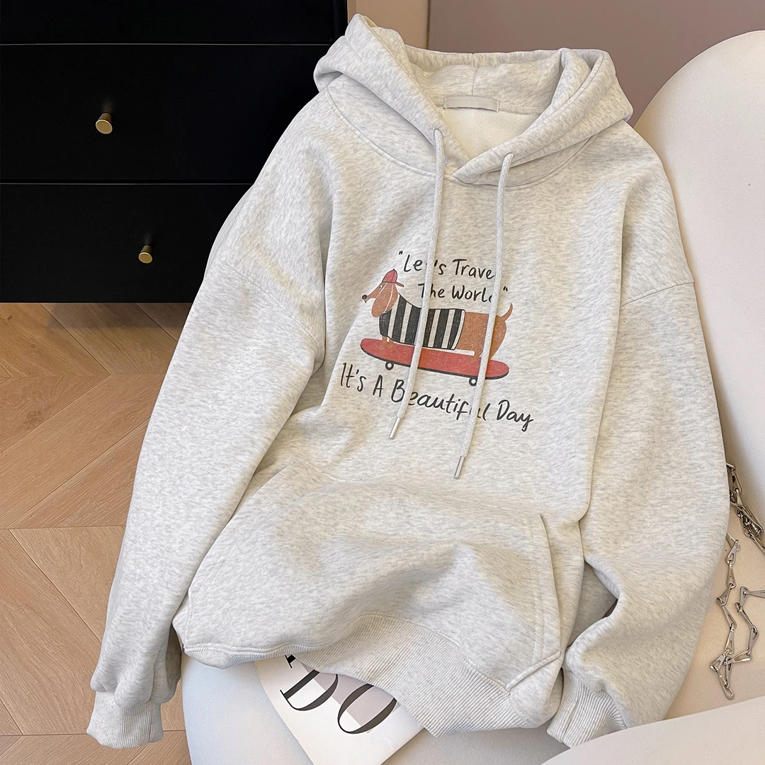 小C家腊肠狗印花连帽卫衣女款2025新款秋冬加绒大版宽松帽衫上衣